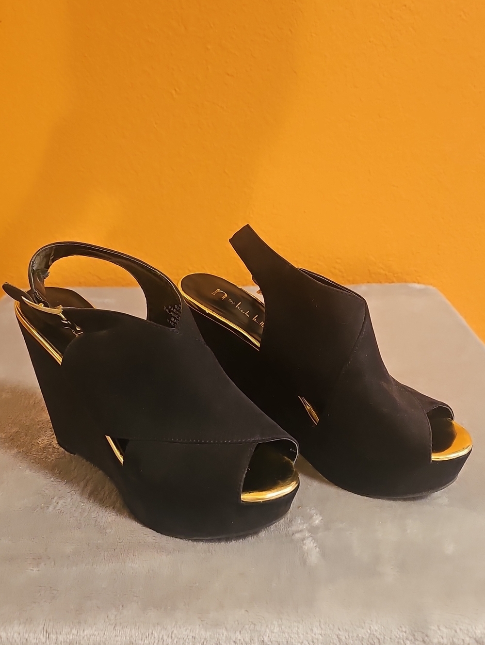Nicole Miller Black Wedge Sandals with Gold Accents